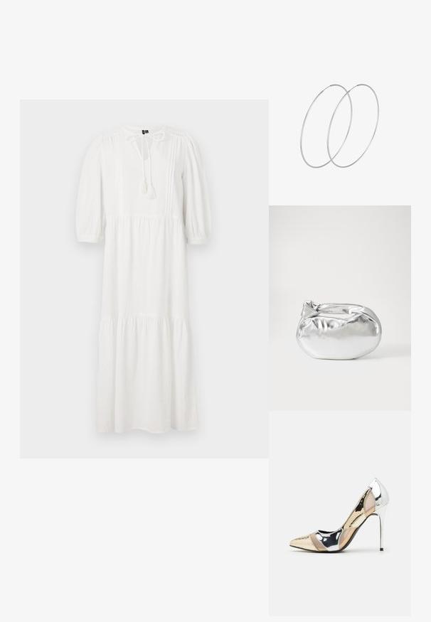 Biele, šatô dĺžky po kolená s balónovými rukávmi, okrúhlym výstrihom a detaily na viazanie. Obsahuje textúrovanú látku a na dolnom leme zberané vrstvy.; Lodičky s špičatou špičkou v striebornom, zlatom a telovom farebnom prevedení. Lesklý povrch s výrezovým dizajnom, s ihlovým opätkom.; Strieborná metalická taška s mäkkým, zaobleným tvarom a uzáverom s uzlíkom. Vyrobená z hladkej syntetickej kože.; Strieborné kruhové náušnice s minimalistickým dizajnom. Cirkulárny tvar, hladký povrch a tenký profil. Ľahké s lesklým povrchom.
