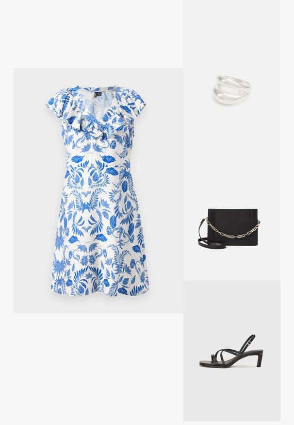 Ziedu raksta kleita ar ziliem lapu motīviem uz baltas fona, ar viļņotām kapuce piedurknēm un V formas kakla izgriezumu. Īsa, brīva piegriezuma.; Melnas strappy sandales ar kvadrātveida purngaliem un zemu bloku papēdi. Ievērojamas ar vairākiem plāniem siksniņām un regulējamu potītes siksniņu. Izgatavotas no gludas ādas.; Melna ādas crossbody soma ar gludu faktūru, taisnstūrveida formu un metalizētu ķēdes detaļu priekšā. Iekļauta regulējama siksna.; Sudraba divu joslu gredzens ar gludu, pulētu virsmu. Iezīmējas ar plūstošu, izliekta dizaina struktūru ar pārklājošām sekcijām modernam izskatam.