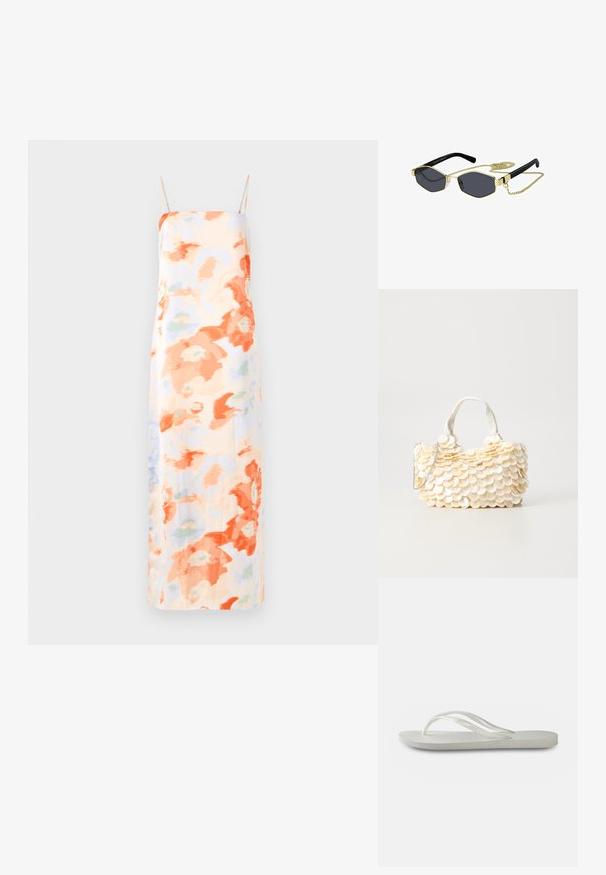 Pasztell színű virágmintás hosszú ruházat narancssárga és világoskék absztrakt mintákkal, állítható pántokkal és sima textúrával.; Fehér flip-flop, textúrált talppal, vékony pántokkal és lapos kialakítással. Gumi anyagból készült, finom logóval a talprészén.; Nyolcszögletű napszemüveg sötét lencsékkel, arany fém kiegészítőkkel és fekete műanyag szárakkal; levehető arany láncot tartalmaz.; Fehér kézitáska texturált, kagylóhoz hasonló díszítésekkel. Woven fogantyúval és ezüst láncos pánttal rendelkezik a sokoldalúság érdekében.