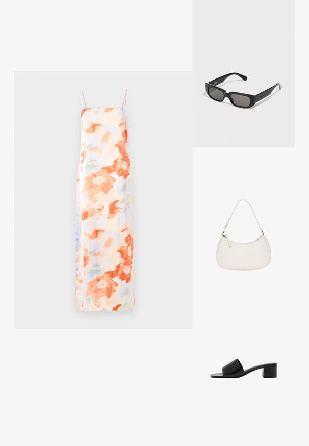 Cvečna maxi obleka v pastelnih barvah z oranžnimi in svetlo modrimi abstraktnimi vzorci, ki ima nastavljive naramnice in gladko teksturo.; Črne usnjene sandale z odprtim prstom in širokim trakom ter trdim blokastim peto. Imajo gladko teksturo in minimalističen dizajn.; Črne pravokotne sončne očala z sivo obarvanimi lečami, izdelana iz gladke plastike. Imajo minimalističen dizajn z ravnimi ročaji in subtilnim znamčenjem.; Bela usnjena torbica z ukrivljeno obliko, nastavljivim pasom in zgornjim zadrgo zapiranjem. Gladka tekstura z minimalnimi kovinskimi detajli.