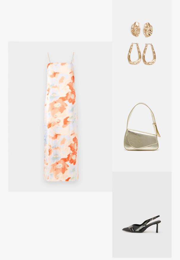Robe maxi florale dans des couleurs pastel avec des motifs abstraits orange et bleu clair, dotée de bretelles spaghetti ajustables et d'une texture lisse.; Chaussure slingback en cuir verni noir avec un embout pointu, des brides de cheville avec des boucles en argent et des éléments en métal, et un talon fin.; Sac à main en métal doré avec un design structuré, texture lisse et bandoulière ajustable. Présente une forme triangulaire unique et des coutures minimalistes.; Boucles d'oreilles dorées présentant des formes texturées et ondulées. Comprend des clips sculpturaux et un design de créoles ouvertes avec une finition martelée.