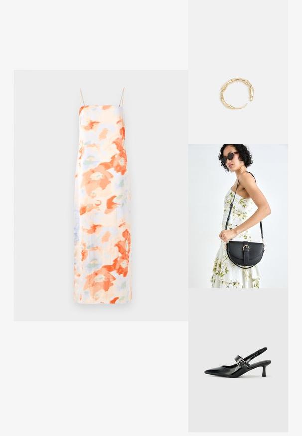 Robe maxi florale dans des couleurs pastel avec des motifs abstraits orange et bleu clair, dotée de bretelles spaghetti ajustables et d'une texture lisse.; Escarpins slingback en cuir verni noir avec un bout pointu et un petit talon bloc, mettant en avant un accent en boucle argentée sur la sangle.; Sac à main en cuir noir avec une forme courbée, bandoulière amovible et des accessoires en or. Le sac est doté d'un rabat avec un détail de boucle.; Bague en or ornée d'un design organique et torsadé, avec une texture lisse et des extrémités effilées, créant une apparence moderne et sculpturale.