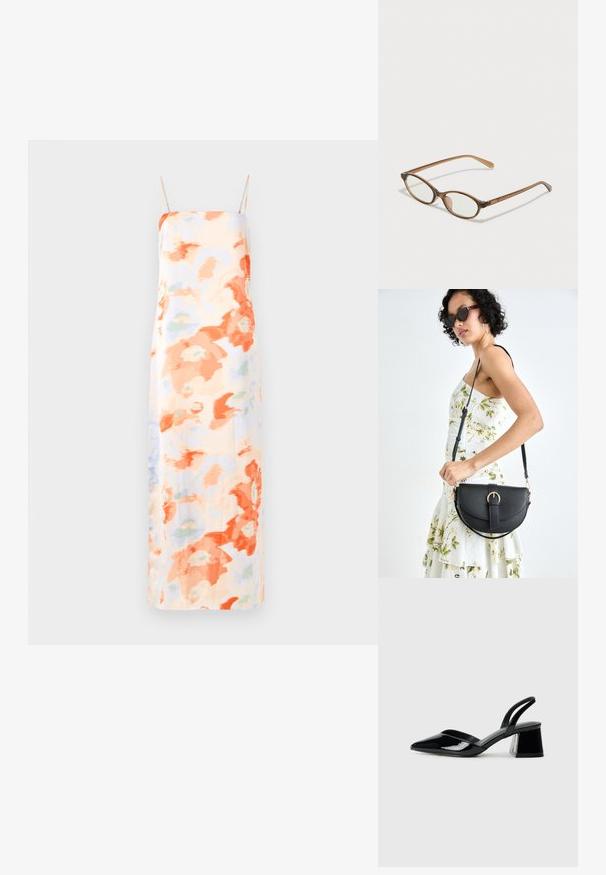 Květinové maxi šaty v pastelových barvách s abstraktními vzory v oranžové a světle modré, vybavené nastavitelnými ramínky a hladkým povrchem.; Černé lakované kožené lodičky na pásku s špičatou špičkou a geometrickým blokovým podpatkem. Vyznačují se elegantním, minimalistickým designem a hladkým povrchem.; Hnědé želvovinové brýle s oválnými skly, tenkými bočními nohami a průhlednými akcenty. Obsahují decentní logo na stranu. Elegantní, lehký design.; Černá kožená kabelka s křivkovým tvarem, odnímatelným popruhem a zlatými detaily. Kabelka má klopu s přezkou.