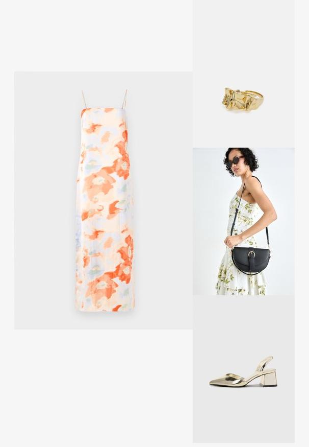 Pastellides värvides lilleline maksikleit, millel on oranžid ja helesinised abstraktsed mustrid, reguleeritavate õlapaeltega ja sileda tekstuuriga.; Kuldne, metallilised slingback-kudumid terava varba ja paksu kontsaga. Sile tekstuur, minimalistlik disain ja kitsas rihm.; Mustmust mustraha kõverate joontega, eemaldatava rihmaga ja kuldsete detailidega. Kotil on klapp, millel on pandladetail.; Kuldne sõrmus tekstureeritud, lainelise disainiga, millel on kolm silmapaistvat tippu. Sile, läikiv pind ja avatud riba, mis võimaldab reguleeritavat sobivust.