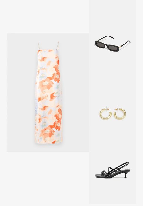 Ziedu maksi kleita pasteļu krāsās ar oranžiem un gaiši ziliem abstraktiem rakstiem, piedāvā regulējamas spaghetti lences un gludu tekstūru.; Melni papēžu sandales ar vairākiem krustveida siksnām. Gluda materiāla, norādīta purngala un šaura papēža. Regulējama potītes siksna ar sprādzīti.; Melnas taisnstūra saulesbrilles ar tumšiem objektīviem, spīdīgām plastikāta rāmēm un zelta akcentiem tempļos. Minimalistisks dizains un eleganta forma.; Zelta auskari ar gludu, spīdīgu apdari. Apaļš dizains, kas ietver mazu tapu un caurspīdīgu pamatni drošai valkāšanai.