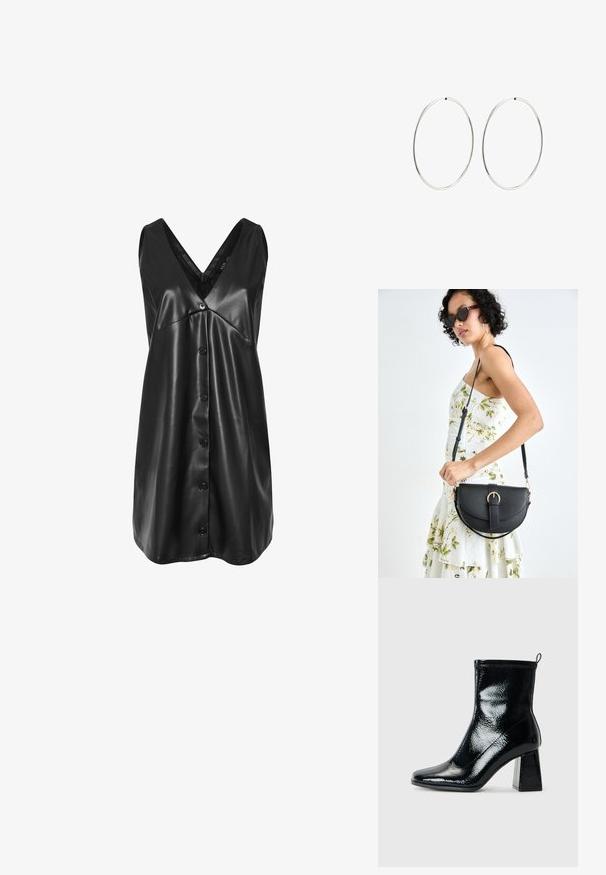 Svart ärmlös klänning i konstläder med V-ringning, knäppning fram och något utsvängd nederkant.; Svart lackskinn ankle boot med fyrkantig tå och chunky geometrisk klack. Har en slät, glänsande yta och en bakre dragflik för enkel påklädning.; Svart läderhandväska med en böjd form, avtagbar rem och guldiga detaljer. Väskan har ett lock med en spänndetalj.; Silverfärgade hoopörhängen med en slät, rund design och en polerad yta. De är tunna och lätta, med en enkel spänne.