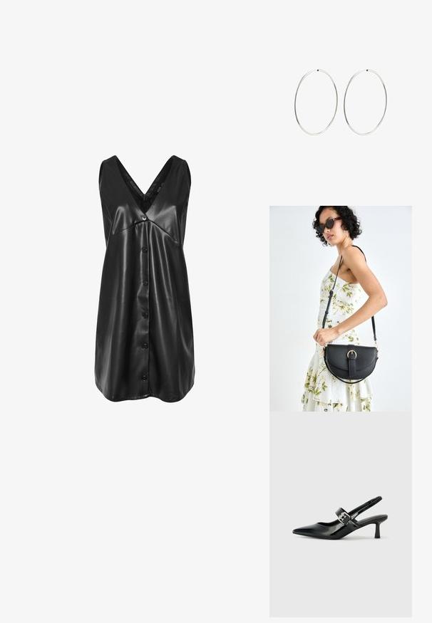 Schwarzes ärmelloses Kunstlederkleid mit V-Ausschnitt, durchgehender Knopfleiste und leicht ausgestellt geschnittenem Saum.; Schwarze Lackleder Slingback-Absätze mit spitzem Zeh und kleinem Blockabsatz, ausgestattet mit einem silbernen Schnallenakzent am Riemen.; Schwarze Lederhandtasche mit geschwungener Form, abnehmbarem Tragegurt und goldenen Beschlägen. Die Tasche verfügt über einen Deckel mit einer Schnallen-Details.; Silberne Creolen mit einem glatten, runden Design und einer polierten Oberfläche. Sie sind dünn und leicht und verfügen über einen einfachen Verschluss.