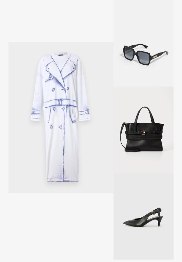 MOSCHINO OLIVIA - Džersio suknelė - fantasia bianco; Juodas odinis slingback kelnaitė su smailiu pirštu, mažu kulnu ir sagtimi ant kulkšnies dirželio. Lygus paviršius, minimalus dizainas.; Juodi kvadratiniai akinių rėmeliai su gradientiniais pilkais objektyvais; turi subtilius akcentus ir geltoną "MOSCHINO" prekinį ženklą ant rankenos.; Juodas odinis rankinukas su struktūrizuota forma, dviem viršutinėmis rankenomis, nuimamu dirželiu ir auksiniu užsegimu horizontalioje juostoje.