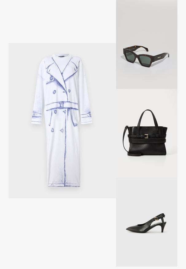 MOSCHINO OLIVIA - Trikoomekko - fantasia bianco; Musta nahka slingback-korkokenkä, jossa on teräväkärkinen muoto, pieni korko ja solk yksityiskohta nilkkahihnassa. Tasainen pinta, minimalistinen muotoilu.; Silmät tortoise-kuosiset aurinkolasit neliömäisillä kehysillä, vihreillä linsseillä ja kultaisella "VERSACE"-brändäyksellä temppeleissä. Sileä, kiiltävä pinta.; Musta nahkakäsilaukku, jossa on jämäkkä muotoilu, kaksinkertaiset yläkahvat, irrotettava hihna ja kultainen solki vaakasuoralla nauhassa.