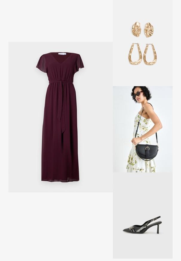 Vestido longo bordeaux com decote em V, mangas curtas e esvoaçantes, e um cinto ajustável na cintura; feito de um tecido leve e fluido.; Sapato slingback preto em pele patentada com bico apontado, tiras no tornozelo apresentando fivelas e acessórios prateados, e um salto elegante.; Bolsa de couro preta com forma curva, alça destacável e detalhes em dourado. A bolsa possui uma aba com detalhe de fivela.; Brincos em tom de ouro com formas onduladas e texturizadas. Inclui studs escultóricos com presilha e um design de argola aberta com um acabamento martelado.