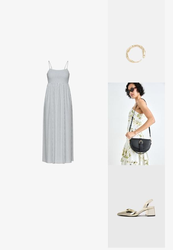Črtasta obleka s tankimi naramnicami. Ima vertikalne modre in bele črte, prilegajoč top in tekočo, nabranim krilo.; Zlati, kovinski slingback čeveljci z ostrim nosom in masivnim peto. Gladka tekstura, minimalistična zasnova in ozka zanka.; Črna usnjena torbica s ukrivljeno obliko, z odstranljivo naramnico in zlatimi dodatki. Torbica ima pokrov s podrobnostmi v obliki zaponke.; Zlati prstan s organskim, zvitim dizajnom, gladko površino in taperiranimi konci, ki ustvarja modernega, skulpturalnega videza.