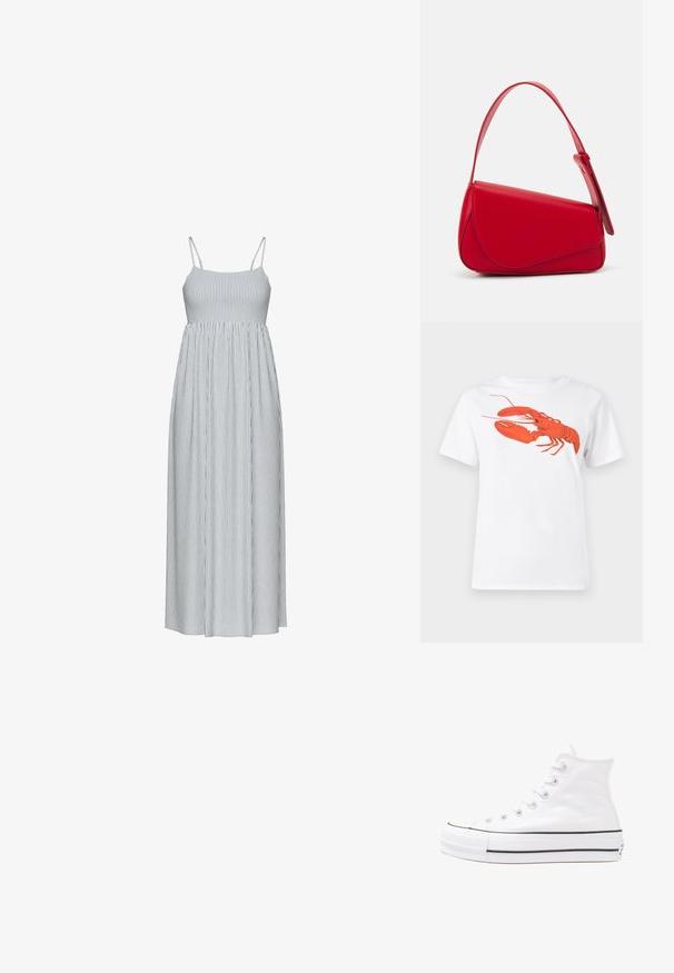 Črtasta obleka s tankimi naramnicami. Ima vertikalne modre in bele črte, prilegajoč top in tekočo, nabranim krilo.; Bela bomba iz bombaža z velikim, svetlo rdečim grafikonom jastreba na sprednji strani. Kratki rokavi in standarden kroj s okroglim izrezom.; Beli visoki platneni športni čevelj z črnim gumijastim podplatom, sprednjim gumijastim zaščitnikom za prste in šestimi luknjicami za vezalke, ki se ponaša s preprostim, minimalističnim dizajnom.; Rdeča usnjena torba z angularnim, geometrijskim dizajnom. Ima en samostoječ nastavljiv ročaj in pokrov, zaprt z zapiranjem, ki je okrašen s šivi.