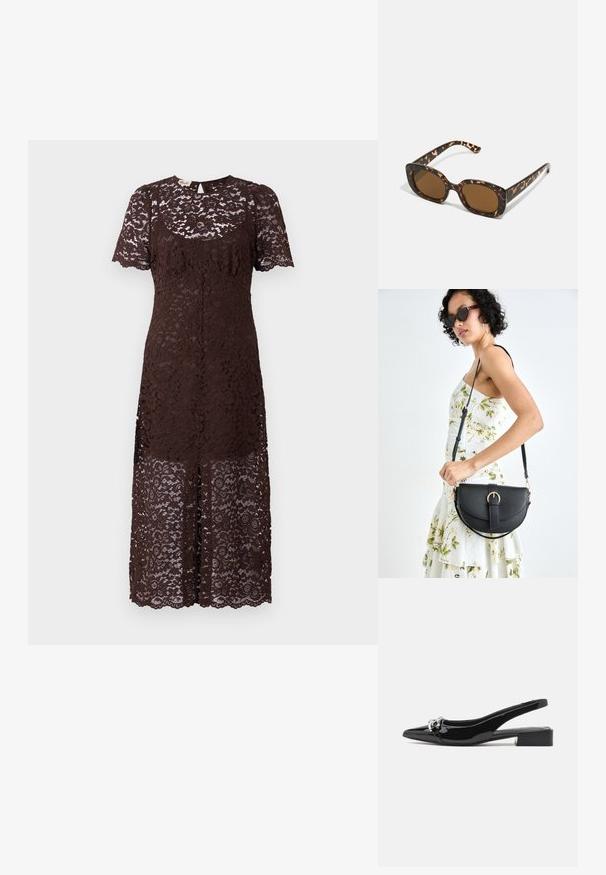 Hnedé čipkované šaty s krátkymi rukávmi, zdobené kvetinovým vzorom, s vlnitým lemom a mierne priliehavým strihom. Polovičná dĺžka.; Čierne lakované kožené slingback topánky s špicatou špičkou, so striebornými detailmi a nízkym blokovým opätkom. Hladký, lesklý povrch celého modelu.; Slnečné okuliare v tortoiseshell štýle s okrúhlym, robustným rámom a hnedými šošovkami. Má jemné vzory a rovné, zoštíhlené ramená.; Čierna kožená kabelka s zaobleným tvarom, odnímateľným popruhom a zlatými doplnkami. Kabelka má klopu s detailom s prackou.; Kovový prsten s lešteným strieborným povrchom, ktorý obsahuje tri prepletajúce sa zakrivené sekcie vytvárajúce hladký, súdržný dizajn.
