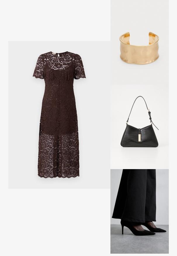 Ruso pitkäiä cosmomoörröillä morsiamen seikkailemassa erityiset piirteet: pitkäpäivä. Ruskea pitsimekko lyhyillä hihoilla, jossa on kukkakuosi, aallokkamainen helma ja hieman vartalonmyötäinen muotoilu. Keskipitkä leikkaus.; Mustat mokkanahka korkokengät, joissa on terävä kärki, yhdistettynä mustiin leveälahkeisiin housuihin, esittelevät tyylikästä muotoilua ja hienovaraista kiiltoa.; Mustat käsilaukku, joka on valmistettu synteettisestä krokotiilin nahasta, jossa on kolmion muoto, kapea olkahihna ja kultasävyinen yksityiskohta keskellä.; Kullanılan altın tonlarına sahip, pürüzsüz ve dalgalı bir yüzeye sahip bilezik, dokulu bir iç kısım ve açık tasarımı ile organik bir şekil oluşturuyor.