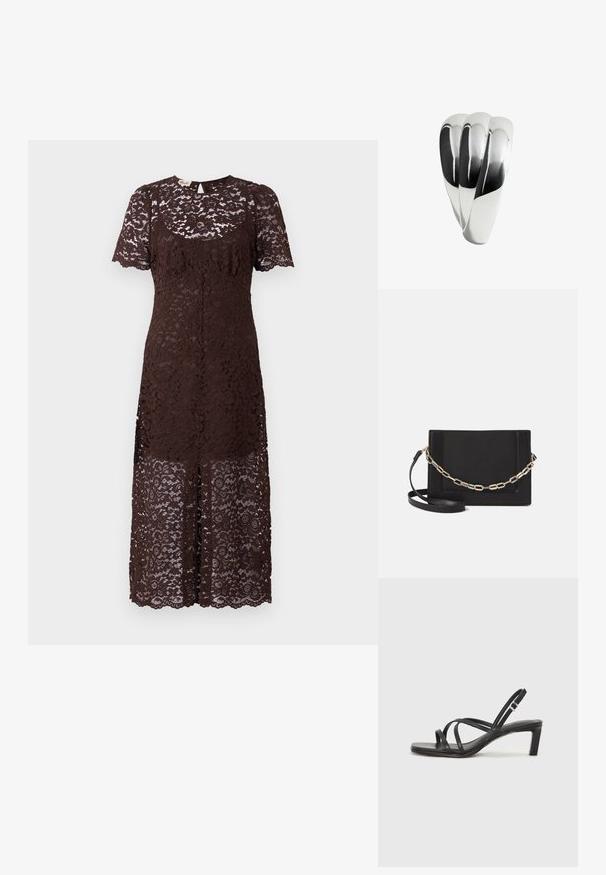 Hnedé čipkované šaty s krátkymi rukávmi, zdobené kvetinovým vzorom, s vlnitým lemom a mierne priliehavým strihom. Polovičná dĺžka.; Čierne sandále na vysokom podpätku so štvorcovou špičkou a nízkym blokovým podpätkom. Obsahujú viacero tenkých popruhov a nastaviteľný členkový popruh. Vyrobené z hladkej kože.; Čierna kožená crossbody taška s hladkou textúrou, obdĺžnikovým tvarom a kovovým reťazovým detailom na prednej strane. Súčasťou je nastaviteľný popruh.; Kovový prsten s lešteným strieborným povrchom, ktorý obsahuje tri prepletajúce sa zakrivené sekcie vytvárajúce hladký, súdržný dizajn.