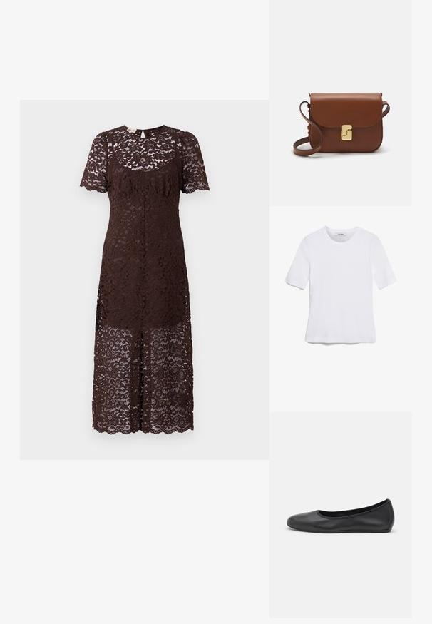 Brūna mežģīņu kleita ar īsām piedurknēm, ar ziedu rakstu, viļņotu apakšmalu un nedaudz piegulošu dizainu. Vidēja garuma kroku.; Balta īsām piedurknēm T-krekls, izgatavots no ribota auduma. Apaļš izgriezums, regulāra piegriezuma un diskrēti šuvumu detaļas. Bez printiem vai grafikām.; Melna ādas baleta kurpe ar noapaļotu purngalu, gludu tekstūru, minimālu šuvju detalizāciju un elastīgu zoles dizainu.; Bordo ādas rokas soma ar atloku, zeltītām detaļām, plecu siksnu un gludu virsmu. Kompakta, taisnstūrveida forma.