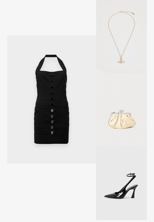 Melna halter tipa kleita ar horizontālām krokām, pieguloša forma un seši spīdīgi kvadrātveida akcenti pa priekšu. Mīksts, stiepjas audums.; Melnas patentā ādas augstpapēžu kurpes ar norādītu purngalu, regulējamu potītes siksniņu un mērenu bloku papēdi. Gluda tekstūra ar spīdīgu apdari.; Rūpīgi pleatota bežīga ādas somiņa ar sudraba metāla rāmi, kurai ir divas apaļas dekoratīvas sprādzes un sudraba ķēdes siksna.; Vivienne Westwood MAYFAIR BAS RELIEF PENDANT - Kaklarota - gold-coloured