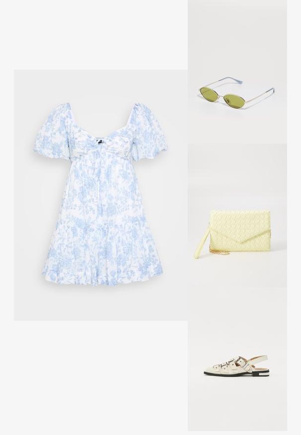 Baltas mini suknelė su šviesiai mėlynais raštais, turinti pūstus sijonus, apvalų iškirpimą ir keliais sluoksniais susiskaldžiusį sijoną.; Balno sandalai, pagaminti iš baltos odos, su keliais plačiais diržais ir sidabro spalvos sagtimis; plokščias padas su mažu juodu kulniuku ir metaliniais akcentais.; Alyvos spalvos saulės akiniai su plonu auksiniu rėmu ir mėlynais akcentuotais šonais. Ovalūs objektyvai ir minimalistiškas dizainas.; Geltona audinė piniginė su užsegimu, nuimamą rankinę juostą ir auksinį akcentą. Lygi tekstūra ir stačiakampis forma.