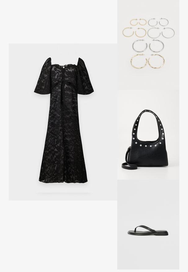 Juoda suknelė su trumpomis, pūstomis rankovėmis, papuošta gėlių nėriniu. Su sagų užsegimu priekyje, laisva silueto forma ir kelių ilgio pakraščių.; Juodos šlepetės, pagamintos iš lygios odos, su plona dirželių konstrukcija ir plokščiu padu, turinčiu minimalų profilį. Be pastebimų raštų ar akcentų.; Juodas tekstūruotas odinis rankinukas su sidabriniais deimantais viršutiniame krašte ir ant rankenų, turintis trumpą rankeną ir nuimamą diržą.; Dvylikos sidabrinių ir auksinių auskarų su kilpomis rinkinys. Apima sukurtas, lygias ir tekstūruotas formas, turinčias įvairius dydžius ir apdailas.