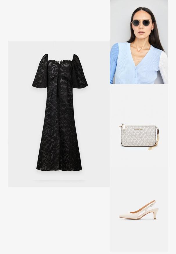 Svart kjole med korte, puffede ermer, med et blomstermønster av blonder. Knapplukking foran, flytende silhuett og kne-lengde falm.; Hvit slingback-hel med spiss tå, glatt overmateriale, lav blokkhelt, og cut-out-design på siden med justerbar spenne.; Runde solbriller med mørke linser og guldrammer. Modellen har en lyseblå, ribbet cardigan med knapper og kontrast hvide ærmer på.; Michael Kors håndleddsveske i beige belagt kanvas med et gjentakende MK-logo mønster, gullfarget maskinvare og en avtakbar kjede-rem.