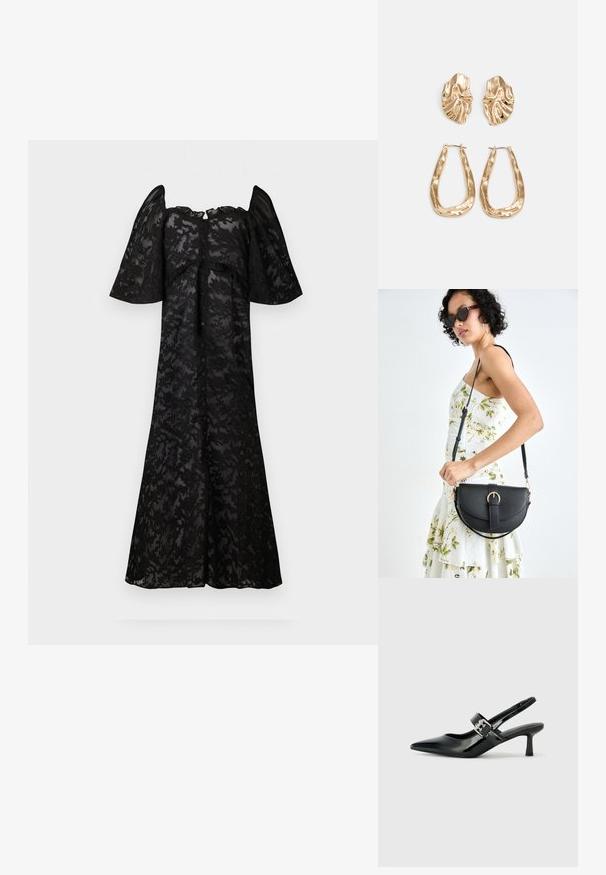 Črna obleka s kratkimi, napihnjenimi rokavi, ki ima cvetličen čipkast vzorec. Spredaj z gumbi, lepega kroja in dolžine do kolen.; Črne patent usnjene slingback pete s koničastim nosom in majhnim blok peto, ki vključujejo srebrno zaponko na traku.; Črna usnjena torbica s ukrivljeno obliko, z odstranljivo naramnico in zlatimi dodatki. Torbica ima pokrov s podrobnostmi v obliki zaponke.; Zlato obarvani uhani z teksturiranimi, valovitimi oblikami. Vključujejo skulpturalne sponke za ušesa in odprto obliko obročka s kladivastim finišem.