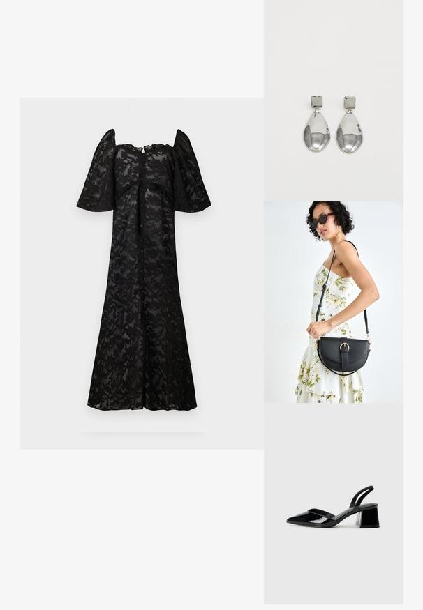 Černé šaty s krátkými nadýchanými rukávy, zdobené květinovým krajkovým vzorem. Zapínání na knoflíky vpředu, splývavý střih a délka až ke kolenům.; Černé lakované kožené lodičky na pásku s špičatou špičkou a geometrickým blokovým podpatkem. Vyznačují se elegantním, minimalistickým designem a hladkým povrchem.; Černá kožená kabelka s křivkovým tvarem, odnímatelným popruhem a zlatými detaily. Kabelka má klopu s přezkou.; Stříbrné kapkové náušnice se čtvercovou například, s hladkým, lesklým povrchem a kapkovým tvarem, odrážející světlo lesklým povrchem.