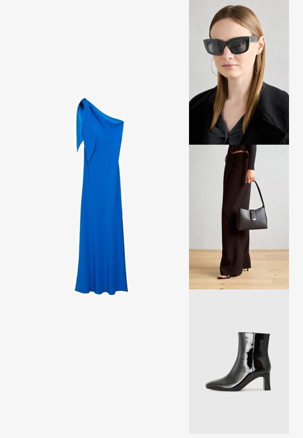 Yhden olkapään lattiaa hipova mekko kirkkaansinisestä kankaasta. Sen pinnassa on sileä rakenne ja olkapäällä solmittu yksityiskohta, joka luo elegantin siluetin.; Musta patenttilakattu nilkkuri, jossa on terävä kärki ja keskipitkä lohkarekorko. Silkkinen pinta ja minimalistinen muotoilu.; Mustan kissakuvioisen aurinkolasit tummilla linsseillä, paksuilla kehyksillä ja hillityillä yksityiskohdilla. Yhdistetty mustaan takkiin ja harmaaseen paitoihin, joissa on pitkät suorat hiukset.; Musta käsilaukku, jossa on rakenteellinen muoto, sileä pinta ja metallinen solki. Yhdistetty leveisiin mustiin housuihin ja avonaiheisiin sandaaleihin puulattialla.