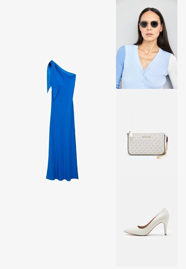 Rochie lungă până la podea, cu un umăr, dintr-un material albastru vibrant. Prezintă o textură fină și un accent legat pe umăr, creând o siluetă elegantă.; Cămașă de lac alb cu toc înalt, cu vârful ascuțit și o suprafață netedă, având un toc subțire și o deschidere tăiată jos.; Ochelari de soare rotunzi cu lentile întunecate și rame aurii. Modelul poartă un cardigan ribbed de culoare albastru deschis cu nasturi și mâneci albe în contrast.; Clutch Michael Kors din canva acoperit bej, cu un model repetitiv al logo-ului MK, accesorii din aur și o curea cu lanț detașabil.