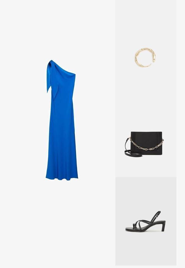One-shoulder floor-length dress in vibrant blue fabric. Features a smooth texture and a tied accent on the shoulder, creating an elegant silhouette.; Black strappy sandal with a square toe and a low block heel. Features multiple thin straps and an adjustable ankle strap. Made of smooth leather.; Black leather crossbody bag featuring a smooth texture, rectangular shape, and a metallic chain detail on the front. Adjustable strap included.; Gold-tone ring featuring an organic, twisted design with smooth texture and tapered ends, creating a modern, sculptural appearance.