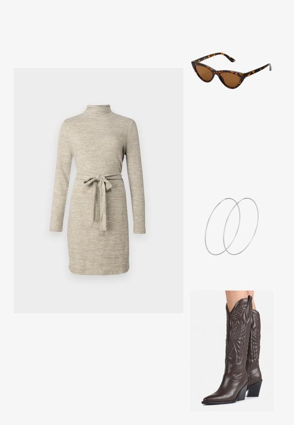 Vero Moda VMBELLA SHORT - Neulemekko - silver mink; Ruske nahkasaappaat, joissa on terävä kärki ja laatikkokorko, varustettu yksityiskohtaisella ompelulla ja kohotetuilla yksityiskohdilla varsiosassa.; Kattöga solglasögon med en svart och orange sköldpaddsmönstrad båge, bruna linser och slanka, spetsiga spetsar. Har en minimal logotyp på skalmen.; Hopehope hopeilla, joissa on minimalistinen muotoilu. Pyöreä muoto, sileä pinta ja ohut profiili. Kevyet ja kiillotetut.