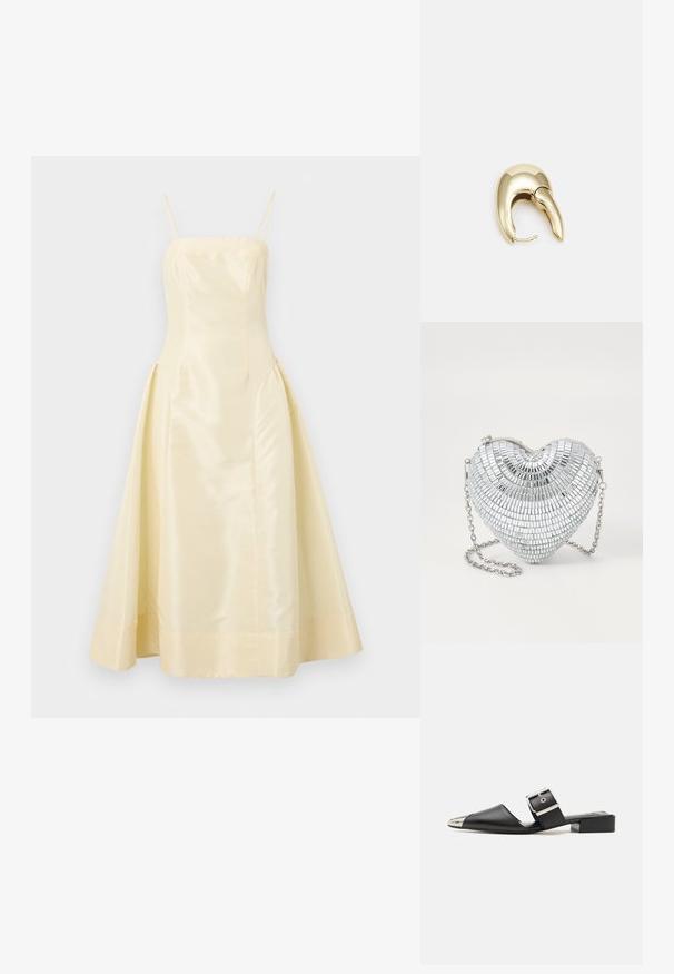 Dzeltena satīna kleita ar pieguļošu augšu, plānām siksnām un apjomīgu svārku, ar gludu tekstūru un nelielu spīdumu.; Melna ādas sandale ar norādītu purngali, metālisku sudraba vāciņu un regulējamu sprādzi. Plakana blokveida papēdis atbalstam.; Sudraba sirdī formas sajūgu soma, kas izgatavota no spoguļa līdzīgiem flīzēm, ar eņģu aizdari un ķēdes siksnu. Gluda tekstūra ar atreflectējošu virsmu.; Zeltīti metāla auskari ar gludu, izliekta dizaina. Ar atšķirīgu smailu formu, pulētu virsmu un eņģu aizdari.