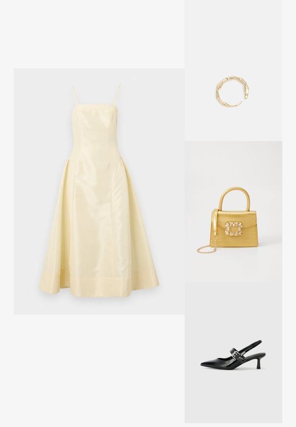 Kollane satiinist kleit, millel on liibuva lõikega ülasärk, õhukesed rihmad ja suurejooneline seelik, millel on sile tekstuur ja kerge läige.; Mustad patenteeritud nahast sildiga kontsad, millel on terav nina ja väike plokk-konts, mille rihmal on hõbedane pandla aksessuaar.; Kollane faux-krokodilli käsipindaga kott, millel on struktureeritud disain, ülemine käepide, eemaldatav kettmass ja dekoratiivne kristallkaunistus klambril.; Kuldtoonis sõrmus, millel on orgaaniline, keerdunud disain sileda tekstuuri ja kitsenevate otstega, luues kaasaegse skulptuurilise välimuse.