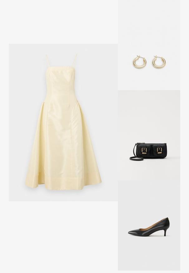 Žuta satenasta haljina s uskim bodicem, tankim trakama i bogatom suknjom, koja se odlikuje glatkom teksturom i blagim sjajem.; Crne kožne cipele s uskim vrhom, niskom petom i glatkom teksturom. Imaju blago otvaranje sprijeda i minimalne metalne detalje straga.; Crna kožna torba preko ramena s dva prednja džepa, zlatnim kopčama, zatvaranjem na zip i uskim remenom. Teksturirana površina i kompaktan pravokutan oblik.; Lauren Ralph Lauren BASIC SMALL HOOP - Naušnice - gold-coloured