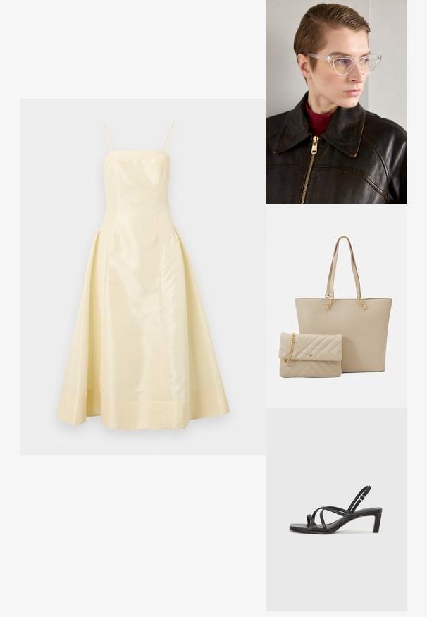 Žlté saténové šaty s priliehavým korzetom, tenkými ramienkami a objemnou sukňou, ktoré majú hladkú textúru a jemný lesk.; Čierne sandále na vysokom podpätku so štvorcovou špičkou a nízkym blokovým podpätkom. Obsahujú viacero tenkých popruhov a nastaviteľný členkový popruh. Vyrobené z hladkej kože.; Priehľadné acetátové mačacie okuliare s žltými tónovanými sklami, ktoré nosí osoba v tmavej koženej bunde a červenom roláku. Hladký povrch.; Bežová taška na plece s plochými uchami, hladkým povrchom a zlatými kovovými detailami, doplnená zladenou prešívanou kabelkou s reťazovou rukoväťou.
