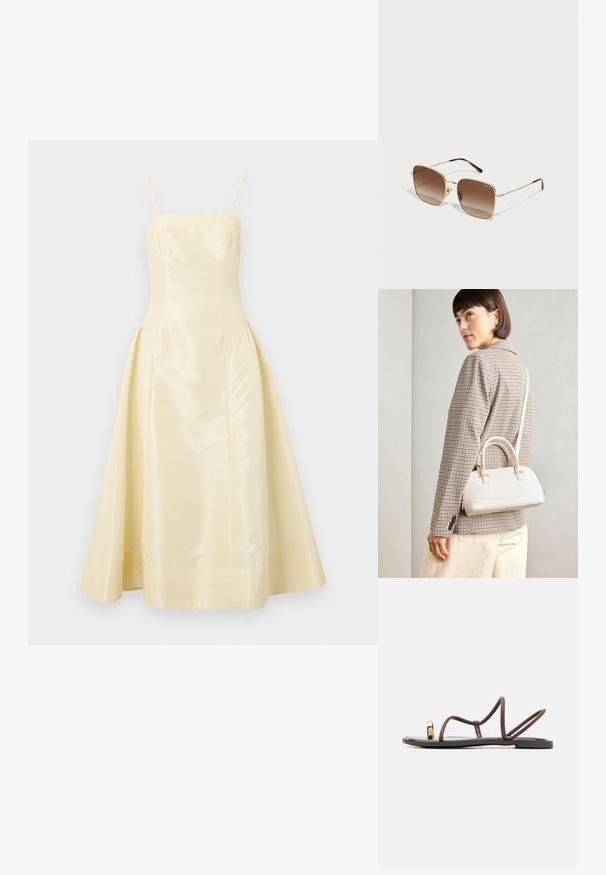 Keltainen satiinimekko, jossa on istuva bodice, ohuet hihanauhat ja runsas hame, joka on sileä ja hieman kiiltävä.; Ruske ploske sandale z več tankimi trakovi, zankom za prste in zlatim detajlom. Podplat je raven in ima gladko površino.; Kultaiset metalliset aurinkolasit, joissa on neliömallinen kehys, ruskeat gradienttipinnat ja kilpikonnakuosiset yksityiskohdat varsissa. Kevyt muotoilu.; Valkoinen rakenteellinen käsilaukku, jossa on lyhyet kahvat ja olkahihna, varustettu kultaisilla metalliosilla ja tekstuurilla, esillä harmaata taustaa vasten.