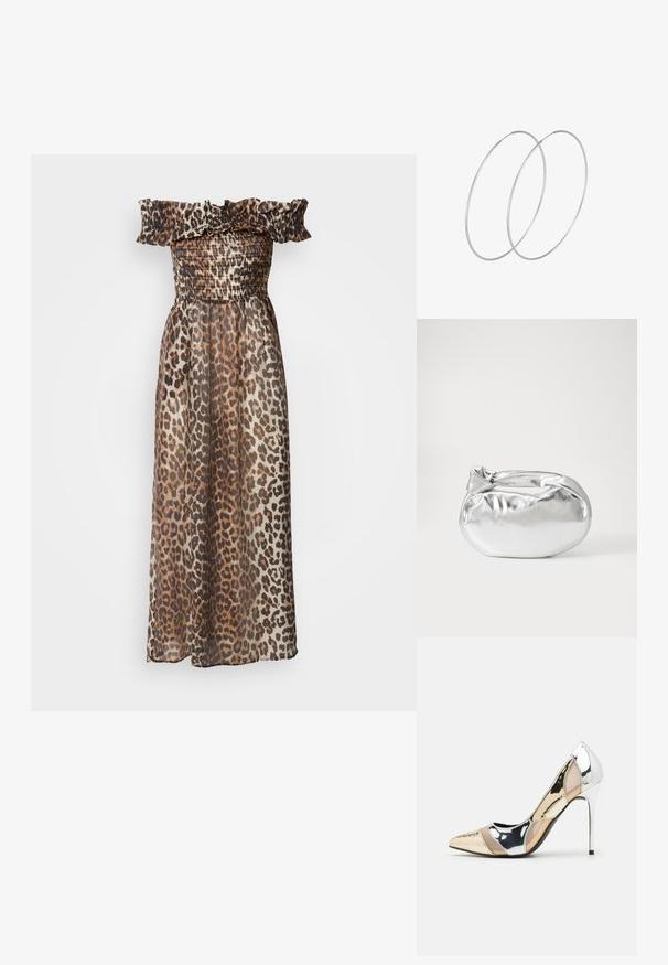 Maksi obleka z leopardjim vzorcem, z off-the-shoulder volanastim izrezom, smokanjem v pasu ter lahkotnim in prosojnim materialom. Zemeljski toni prevladujejo v vzorcu.; Čevlji z visoko peto in konico, v barvni kombinaciji srebrne, zlate in nude. Sijajna obdelava z izrezljanim dizajnom, z igličasto peto.; Srebrna kovinska torbica z mehko, zaobljeno obliko in zavezano zgornjo zaporo. Narejena iz gladkega umetnega usnja.; Srebrne uhane v obliki obroča z minimalističnim dizajnom. Krožna oblika, gladka tekstura in tanek profil. Lahki s poliranim zaključkom.