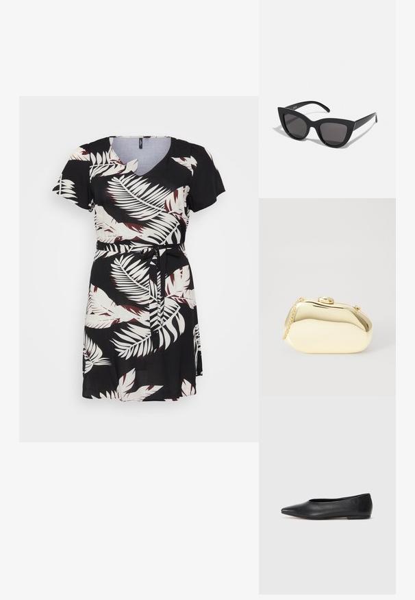 Vestido preto com mangas curtas, decote em V e cintura com cinto. Apresenta um padrão de folhas de palmeira brancas e bordô sobre um tecido liso.; Bailarina de couro preto, bico fino, design minimalista, textura suave, salto baixo, sem hardware ou embelezamentos visíveis.; Óculos de sol cat-eye pretos com acabamento mate, apresentando lentes cinzentas, ângulos acentuados e hastes elegantes. Nome da marca visível na parte interna da haste.; Clutch metálico dourado com uma forma suave e arredondada, apresentando um fecho de botão superior e uma pequena alça em corrente para transporte.