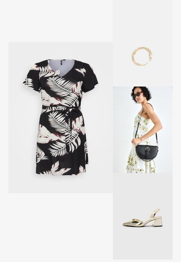 Schwarzes Kleid mit kurzen Ärmeln, V-Ausschnitt und tailliertem Bund. Mit einem weißen und kastanienbraunen Palmenblattmuster auf glattem Stoff.; Goldene, metallische Slingback-Absätze mit spitzem Zeh und dicker Ferse. Glatte Textur, minimalistisches Design und ein schmaler Riemen.; Schwarze Lederhandtasche mit geschwungener Form, abnehmbarem Tragegurt und goldenen Beschlägen. Die Tasche verfügt über einen Deckel mit einer Schnallen-Details.; Goldfarbener Ring mit einem organischen, gedrehten Design, glatter Oberfläche und sich verjüngenden Enden, was ein modernes, skulpturales Erscheinungsbild erzeugt.