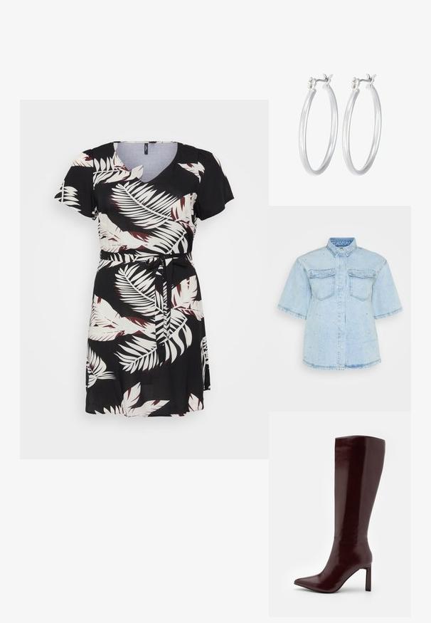 Schwarzes Kleid mit kurzen Ärmeln, V-Ausschnitt und tailliertem Bund. Mit einem weißen und kastanienbraunen Palmenblattmuster auf glattem Stoff.; Helles Blues Denimhemd mit kurzen Ärmeln, ausgestattet mit zwei Fronttaschen und verziert mit kleinen silbernen Nieten entlang des gesamten Hemdes.; Even&Odd Stiefel - dark red; Silberne Creolen mit einer glatten, polierten Oberfläche. Runder Form und sicherem Klickverschluss. Leichtes Design, geeignet für den täglichen Gebrauch.