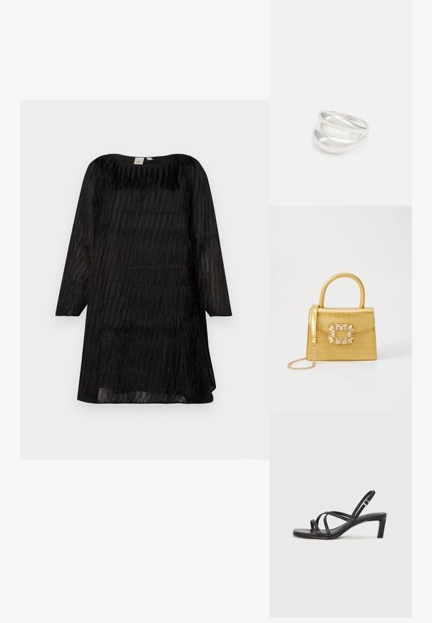 Čierne šaty s trojštvrťovými rukávmi, vyrobené z priesvitného materiálu, s vertikálnymi textúrovanými pruhmi a okrúhlym výstrihom.; Čierne sandále na vysokom podpätku so štvorcovou špičkou a nízkym blokovým podpätkom. Obsahujú viacero tenkých popruhov a nastaviteľný členkový popruh. Vyrobené z hladkej kože.; Žltá falošná krokodília kabelka so štruktúrovaným dizajnom, horným držadlom, odnímateľným reťazovým popruhom a dekoratívnym kryštálovým ozdobením na zapínaní.; Strieborný prsteň s dvojitým pásikom s hladkým, lesklým povrchom. Má plynulý, zakrivený dizajn s prekryvajúcimi sa časťami pre moderný vzhľad.