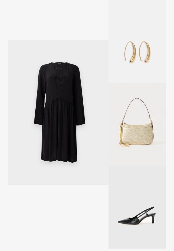 Crna haljina od lagane tkanine s dugim, lepršavim rukavima, V-izrezom s mašnom i nabrane strukom koja vodi do lepršave suknje.; Crne lakirane slingback pete s oštrim vrhom, s teksturiranim uzorkom zmijske kože, podesivom remenom i kratkom, teksturiranom blok-petom.; Torba z zlatnim teksturom s glatkim kožnim remenom, koja ima zatvaranje na patentni zatvarač i suptilan uzorak logotipa otisnut na površini.; Zlatne metalne naušnice u obliku obruča s zakrivljenim, izduženim oblikom. Imaju glatku, sjajnu površinu i zaobljeni vrh za dodatni detalj.