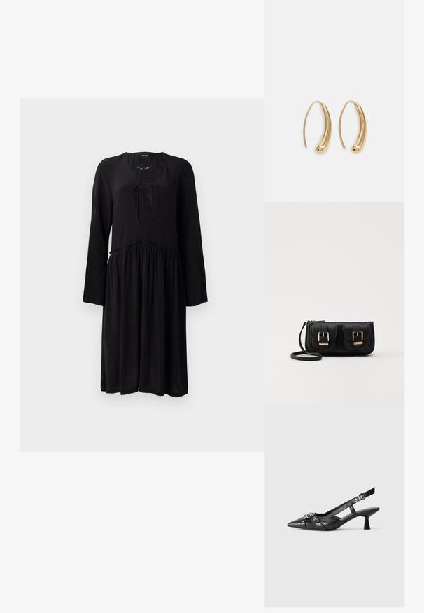 Black dress made of lightweight fabric with long, flared sleeves, a V-neckline with a tie, and a gathered waist leading to a flowing skirt.; Black leather slingback shoe with a pointed toe, decorative straps featuring metal eyelets, and a low block heel. Textured surface.; Black leather crossbody bag with two front pockets, gold buckles, zipper closure, and a slim strap. Textured surface and compact rectangular shape.; Gold-tone metal hoop earrings with a curved, elongated shape. Features a smooth, shiny surface and a rounded tip for added detail.