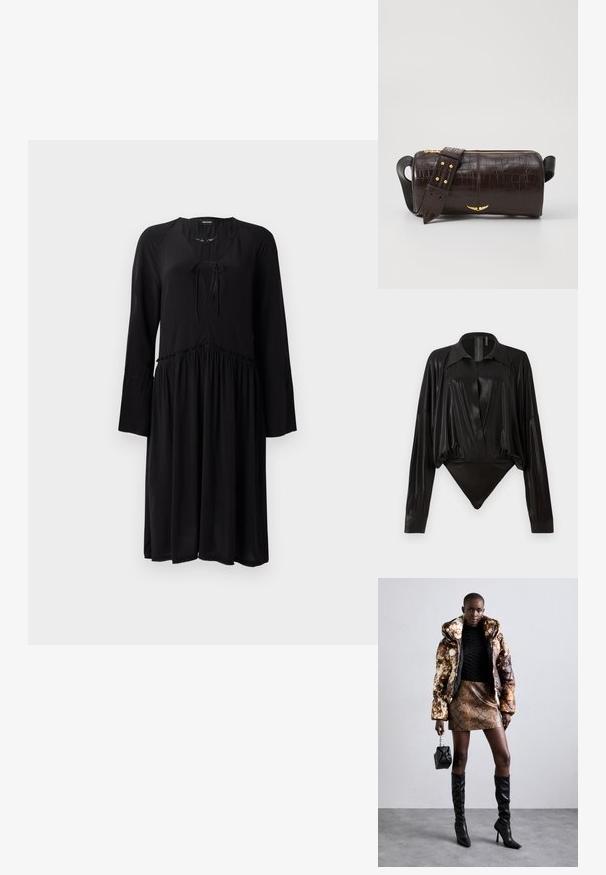 Black dress made of lightweight fabric with long, flared sleeves, a V-neckline with a tie, and a gathered waist leading to a flowing skirt.; Black bodysuit with long sleeves, V-neck, and a fitted silhouette. Made of shiny, smooth fabric with a structured collar and cuffs.; Puffer jacket with a brown and black pattern, paired with a brown snake print mini skirt, black knee-high boots, and a small black bag.; Brown crocodile-embossed leather bag with a cylindrical shape, gold-tone hardware, and a detachable strap featuring studs.