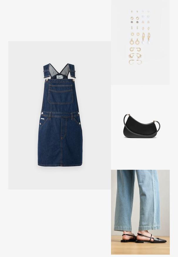 Tumesinine denimi üldkleit, millel on reguleeritavad õlarihmad, eesmine tasku ja külgedel nupud oranži õmblusega. ; Must musta slingback kingad, millel on terav nina, lamedad kontsad ja pahkluu rihm; kantud helesiniste laia säärega teksadega.; Must musta õlakott, millel on kumer disain, tekstureeritud rihm ja kuldsetooniline riistvara ülemise sulgemise juures. Sile viimistlus.; Kullastusust kõrvarõngaste komplekt, mis sisaldab erinevaid disaine, sealhulgas nööpe, rõngaid ja riputatavaid tükke, millel on pärlid ja rhinestones.