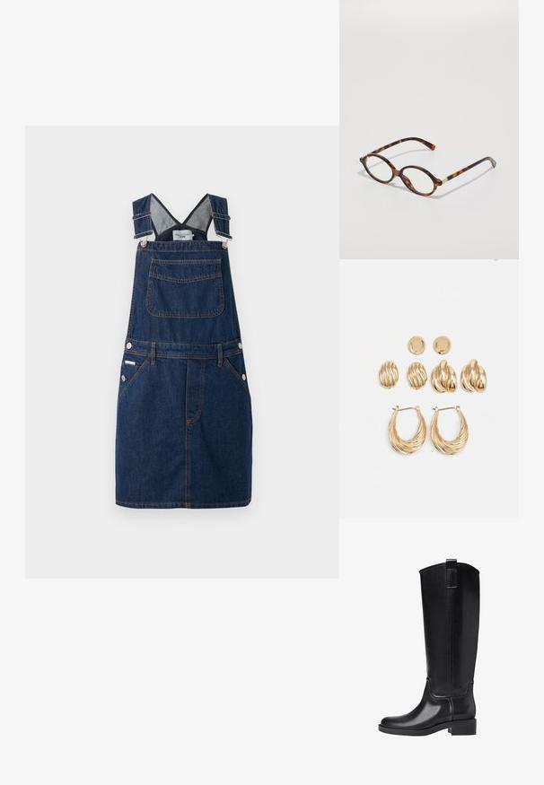 Džínová šaty v tmavě modré barvě, s nastavitelnými rameny, přední kapsou a bočními knoflíkovými detaily s oranžovými švy.; Černé kozačky po kolena vyrobené z hladkého syntetického materiálu. Mají zaoblenou špičku, nízký blokový podpatek a detailování ve vertikálních švech.; Kočičí brýle s oválnými rámy, průhlednými čočkami a zlatými akcenty. Mají zakřivené nožičky a hladký, lesklý povrch.; Souprava náušnic ve zlatém tónu, která obsahuje tři páry: texturované oválné náušnice, náušnice s vlnitým designem a velké kruhové náušnice s vrstvenými rýhami.