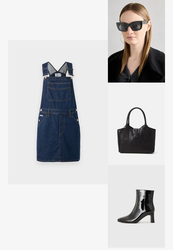 Vestido macacão em denim azul escuro, com alças ajustáveis, bolso frontal e detalhes de botões laterais com costuras em laranja.; Botim de tornozelo em pele sintética preta com bico apontado e salto bloco de altura média. Textura suave e design minimalista.; Óculos de sol pretos em formato de gato com lentes escuras, armações grossas e acentos subtis. Usados com um casaco preto e uma blusa cinza, apresentando cabelo longo e liso.; Bolsa tote de couro preta com textura suave, forma estruturada, duas alças e um destaque prateado proeminente na parte da frente.