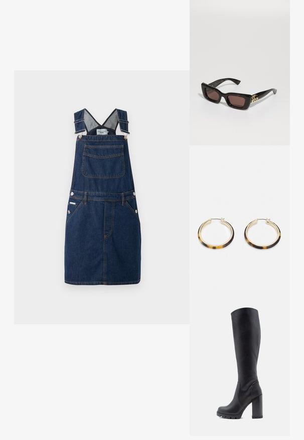 Tummansinisestä farkkupuvusta, jossa on säädettävät olkaimet, etutasku ja sivu nappiyksityiskohdat oranssilla ompelulla.; Mustat polvipituiset saappaat, sileää nahkaa, paksu korko, pyöreä kärki, kuvioitu pohja, jossa on pito, tyylikäs muotoilu ilman koristeluja.; Mustat kilpikonnaruudulliset aurinkolasit, joissa on suorakulmaiset linssit, ruskea sävy, paksu kehys ja kultainen tupla-G-logo yksityiskohta templeissä.; Kultaiset renkaat korvakorut, joissa on kilpikonnakuosiset hartsireunat, sileä pinta ja tyylikäs, pyöreä muoto.