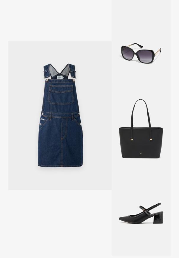 Vestido macacão em denim azul escuro, com alças ajustáveis, bolso frontal e detalhes de botões laterais com costuras em laranja.; Sabrinas de cerâmica preta com salto bloco, bico apontado e um design com recortes arredondados. Apresenta um detalhe em fivela de tom dourado.; Óculos de sol oversized pretos com lentes degradê, armações grossas e detalhes em corrente dourada nas hastes.; Saco tote preto feito de material sintético, apresentando um design retangular simples, com detalhes quadrados dourados e duas alças.