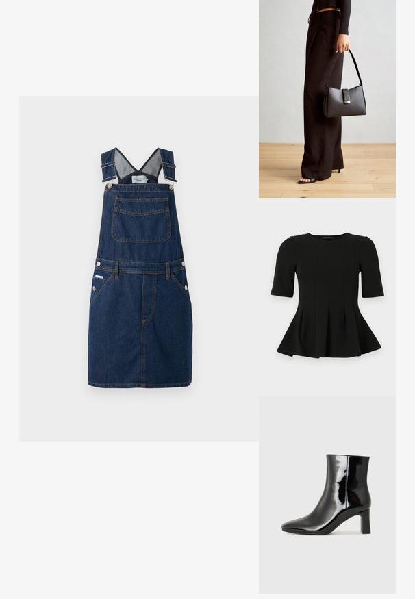 Robe salopette en denim bleu foncé, dotée de bretelles réglables, d'une poche frontale et de détails de boutons sur les côtés avec des accents de couture orange.; Top en peplum noir à manches courtes avec un col rond et des détails de coutures verticales, présenté sur un fond blanc.; Bottines en cuir verni noir avec un bout pointu et un talon block de hauteur moyenne. Texture lisse et design minimaliste.; Sac à main noir à la forme structurée, texture lisse et fermoir métallique. Associé à un pantalon noir ample et des sandales ouvertes sur un sol en bois.