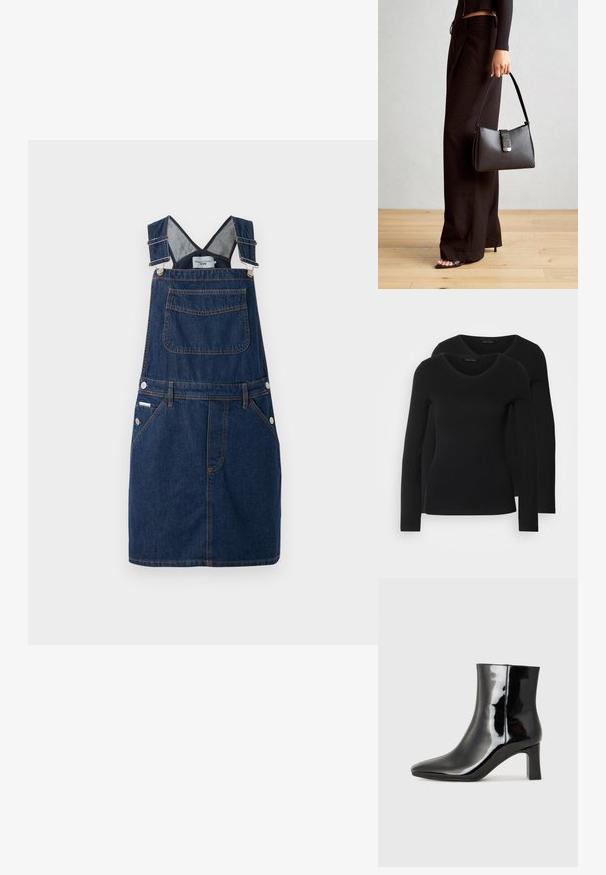 Robe salopette en denim bleu foncé, dotée de bretelles réglables, d'une poche frontale et de détails de boutons sur les côtés avec des accents de couture orange.; Deux chemises noires à manches longues avec un design en V, fabriquées en tissu doux et extensible, présentant une texture lisse et une silhouette ajustée.; Bottines en cuir verni noir avec un bout pointu et un talon block de hauteur moyenne. Texture lisse et design minimaliste.; Sac à main noir à la forme structurée, texture lisse et fermoir métallique. Associé à un pantalon noir ample et des sandales ouvertes sur un sol en bois.